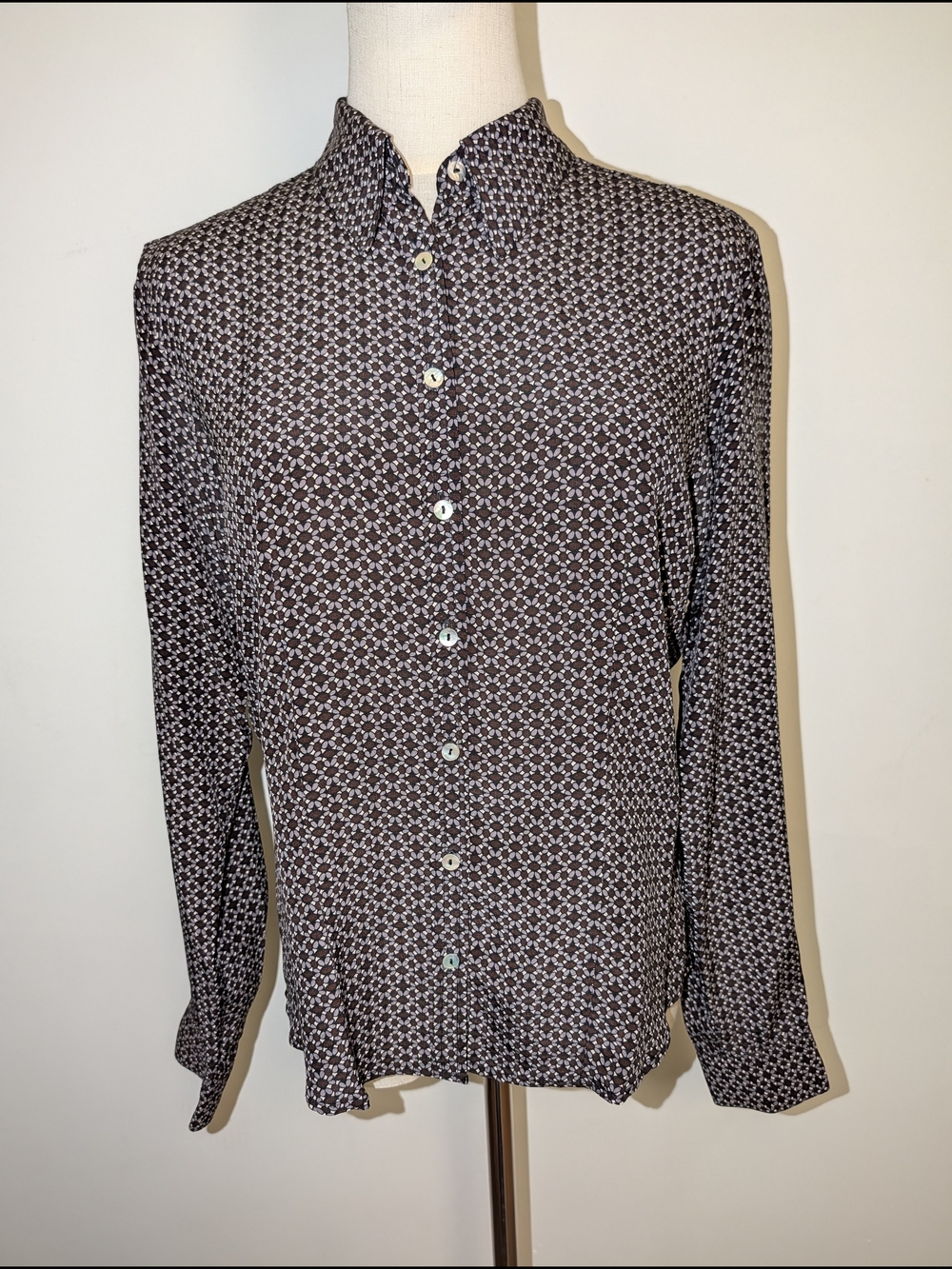 Gerard Darel Brown and White Geometric Button-Down Blouse